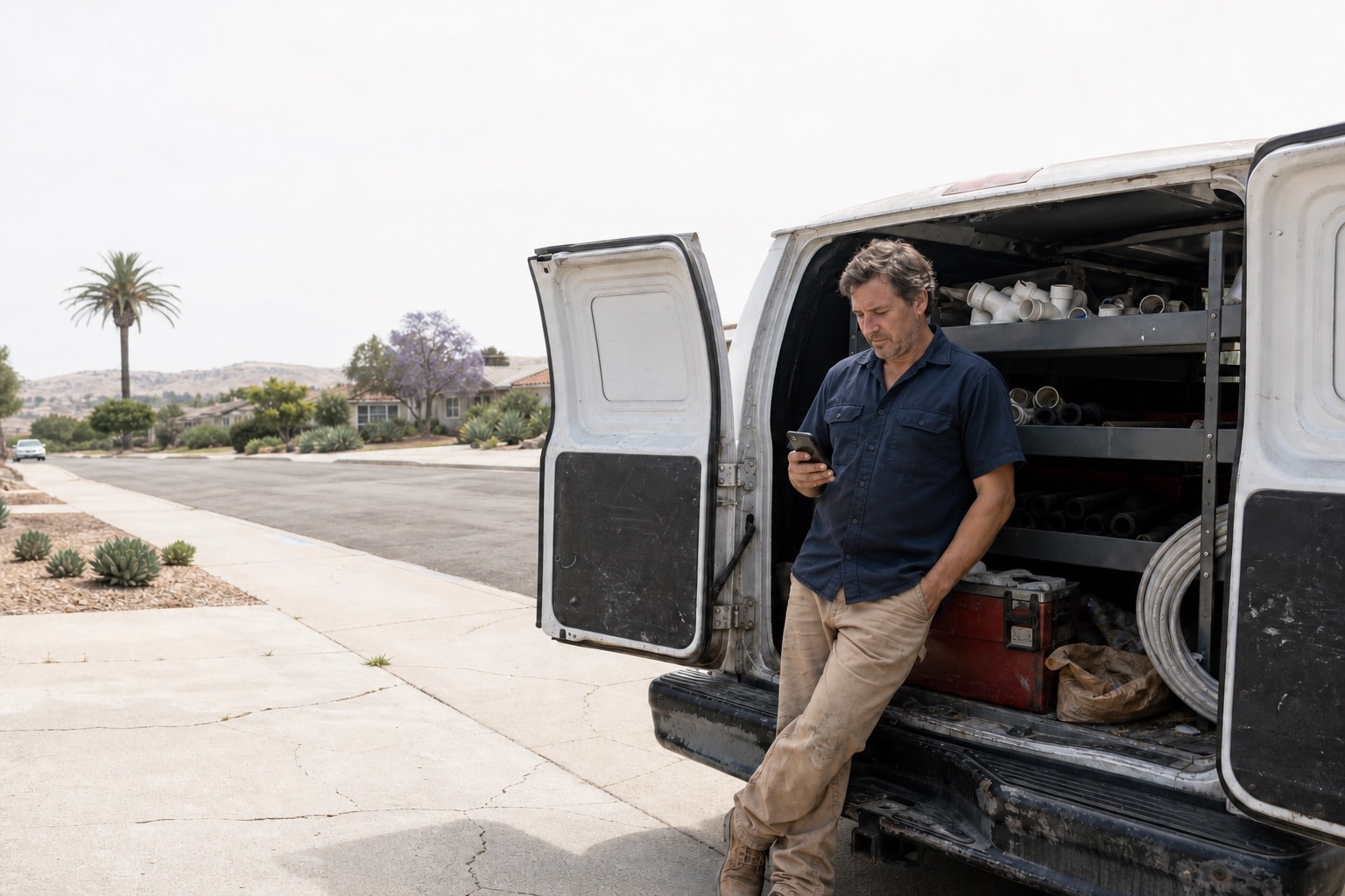 Service business owner leaning on his work van, reading a new lead on his phone